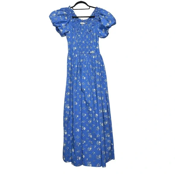 DOEN Deia Bouton de‎ Rose Blue Floral Smocked Puff Sleeve Midi Dress XS - Picture 3 of 7